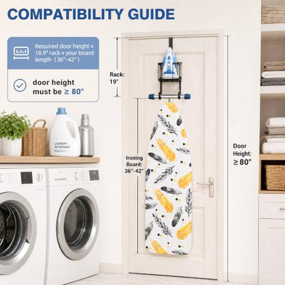 ORLESS Ironing Board Hanger Over Door & Wall Mount, Black | 2 in 1 Heavy Duty Iron Board Holder with Storage Basket, Fits T/Y Boards, Laundry Room Space Saver - color: Black Iron Black Wood
