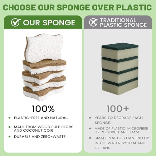 LILAC 12 Pack Natural Cellulose Sponges for Dishes - Non-Scratch Kitchen Scrub Sponges - 100% Biodegradable & Eco-Friendly Cleaning Sponges for Non-Stick Cookware, Bathroom & Household - color: Coconut Fiber, White