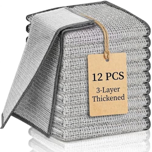 12Pcs 3-Layer Silver Wire Dish Cloths, Non-Scratch Reusable Kitchen Cleaning Rags, Wet Dry Use for Cookware Sink Stove, 8×8 Inch