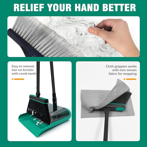 JEHONN Broom and Dust Pan, Upgraded Large Foldable Dustpan with Comb Teeth, 53.5 inches Long Handle Swivel Brush Indoor for Home Kitchen Lobby Floor Cleaning (Green)
