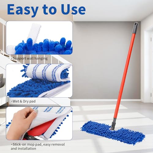 4 Pack Mop Heads Replacements Compatible with O-cedar Dual-Action Flip Mop, Chenille + Microfiber Mop Refills for Dry/Wet Use, Reusable and Machine Washable Dust Mop Cloths for Hardwood Floor Cleaning - color: 4pcs Blue&red
