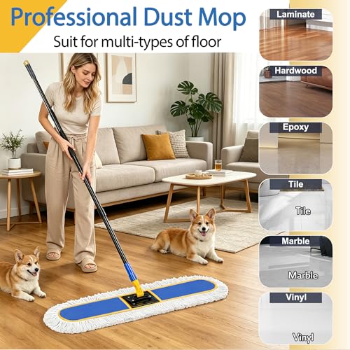 SOBONNE 24" Large Commercial Dust Mop for Floor Cleaning | Heavy Duty Floor Duster,Wet Dry Use,2 Washable Cotton Pads,60" Long Handle for Hardwood Marble Tile Concrete,Blue