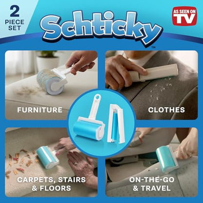 Schticky Lint Roller Set - Reusable & Washable Lint Roller Cleaner for Clothes Sofa Furniture Car Cat Dog Hair - Clean in a Quicky with Schticky (2 Piece)
