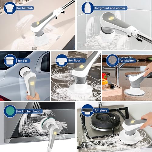 Electric Spin Scrubber, 2023 New Cordless Electric Shower Scrubber with 7 Replaceable Brush Heads & 3 Adjustable Extension Handles, IPX8 Waterproof High Speed Power Cleaning Brush for Bahroom, Kitchen