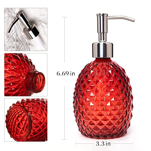 Glass Soap Dispenser with Stainless Steel Pump, 12oz Clear Dish Soap/Hand Soap/Laundry Soap/Lotion Dispenser, Refillable Liquid Dispenser for Bathroom Kitchen Shower (Bright red) - color: Red