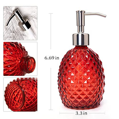 Glass Soap Dispenser with Stainless Steel Pump, 12oz Clear Dish Soap/Hand Soap/Laundry Soap/Lotion Dispenser, Refillable Liquid Dispenser for Bathroom Kitchen Shower (Bright red) - color: Red