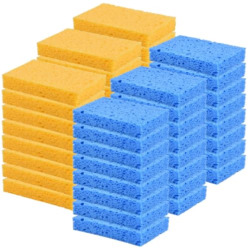 YoleShy 48 Pack Sponges Kitchen Natural Compressed Cellulose Sponges for Dishes Non Scratch for Household Cookware Bathroom Cars Soft Super Absorbent Reusable, Blue and Yellow