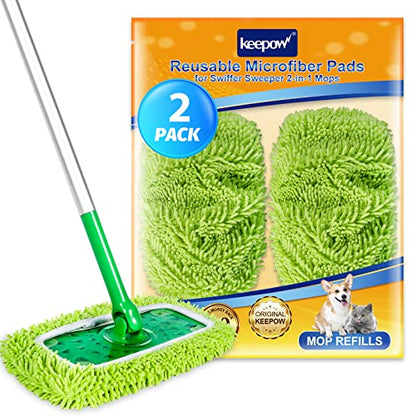 KEEPOW 2 Pack Reusable Chenille Microfiber Mop Pads Compatible with Swiffer Sweeper, Washable Dry Sweeping Cloths and Wet Mopping Refills with Mesh Laundry Bag - color: 2 Pack, Green