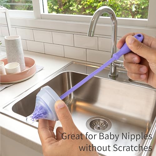 A-Brush Silicone Bottle Cleaner Brush, 3 Piece Set, Long Handle - Water Bottle Cleaner, Baby Bottle Nipple Brush for Plastic & Glass, BPA-Free Dish Washing Brush A2S Protection - color: Purple 3pk