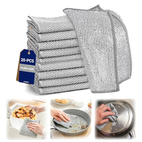 Non-Scratch Wire Dish Cloth, 20PCS Double Layer Multipurpose Wire Dishwashing Rags for Wet and Dry, Dish Cloths for Washing Dishes, Stovetops, Kitchen Countertops with Ease - size: 20-PCS Double-Layer