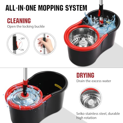 Spin Mop and Bucket with Wringer Set, 360° Spinning Mop Bucket System with 3 Microfiber Mop Replacement Heads and 51" Stainless Steel Adjustable Handle for Floor Cleaning (15QT) - color: Black-4