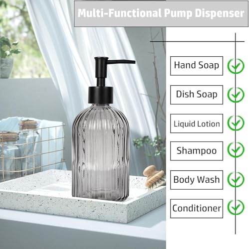 14Oz Black Pump Glass Soap Dispenser, Gray Stripe Countertop Refillable Liquid Bottle Hand Dish Lotion Dispenser with Plastic Pump, for Kitchen, Bathroom, 2 Set - color: 2 Pack Gray