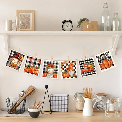 Autumn Fall Gnome Swedish Cloths for Kitchen, 6 Pack Pumpkin Reusable Paper Towels Washable，Swedish Dish Towels，Non-Scratch Cellulose Sponge Cloths，Biodegradable Cleaning Cloths 7 X 8 inch