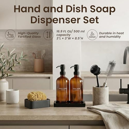 Maisonovo Kitchen Soap Dispenser Set - Hand and Dish Soap Dispenser Set with Amber Glass Soap Dispenser, Black Pumps & Ceramic Tray - color: Amber Bottles/ Black Pumps/ Black Ceramic Tray