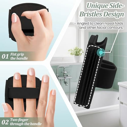 Silicone Back/Body/Face Scrubber & Lymphatic Contour Face Brush Set 4PCS, 13.4'' Soft Back Scrubber, 360° Anti-Slip Bath Glove, Unique Side-bristled Face Scrubber for All-Round Cleaning(Black) - color: Black*4