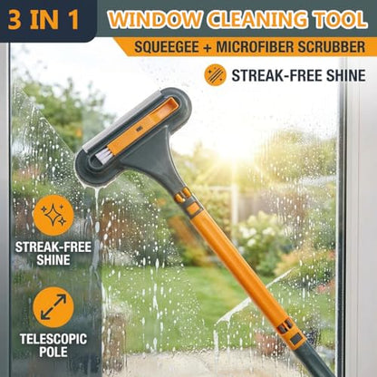 3 in 1 Window Squeegee for Home, 2-Way Brush Window Cleaning Tool with TPR Soft Rubber Squeegee for Cleaning Screens, Glass & Window Tracks