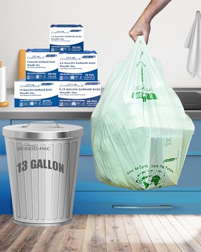 BEIDOU-PAC 13 Gallon Compostable Tall Kitchen Trash Bags with Handle, 50 Count, Sturdy Garbage Bags for Food Scrap Waste, ASTM D6400, US BPI Certified - style: Handle | 13 Gallon | 50 Count