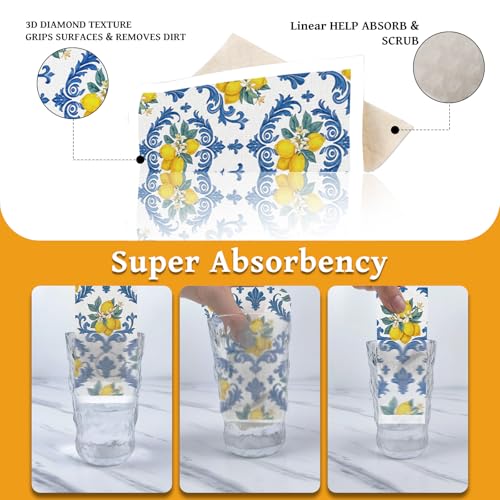 Lemons Swedish Dishcloths for Kitchen, 6 Pack Reusable Tiles Lemons Sponge Cleaning Cloths, Absorbent Dish Cloths Towels Wipes for Summer Kitchen Cooking Home Decoration Housewarming Gifts - style: Lemons