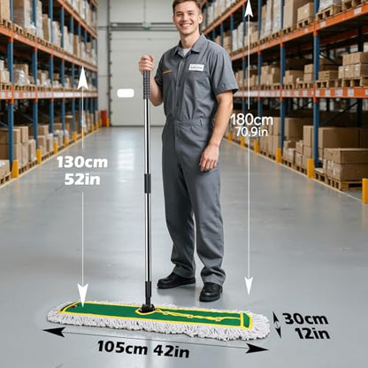 42" Commercial Dust Mop for Floor Cleaning, MASTERTOP Large Flat Mop with Long Handle, Sweeping Broom with 2 Different Mops Pads, Industrial Mop for Hardwood, Tile, Gym, Office, Mall, Warehouse - color: Green(42"*12")