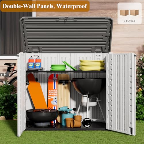 ZZM 4x3FT Heavy-Duty Outdoor Storage Shed | 34 Cu.Ft Waterproof Resin Cabinet with Double-Wall | UV-Resistant & Lockable for Garden Tools, Bikes, Patio Furniture (Wood Grain Texture) - color: White-34 cu ft