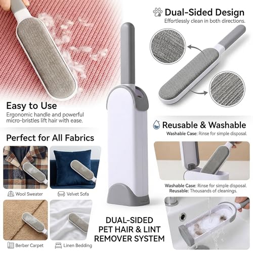 Double Sided Pet Hair Remover Brush, Reusable Lint Brush for Clothes Furniture and Carpet, Fabric and Fur Cleaning Tool, Portable Lint Roller Alternative for Home Travel Daily Use, Grey