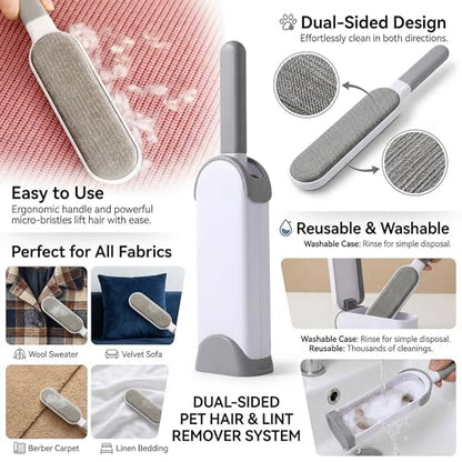 Double Sided Pet Hair Remover Brush, Reusable Lint Brush for Clothes Furniture and Carpet, Fabric and Fur Cleaning Tool, Portable Lint Roller Alternative for Home Travel Daily Use, Grey