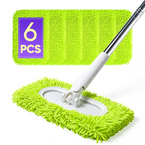 6 Pack Reusable Microfiber Mop Pads Compatible with Sweeper Mops, Replacement Mopping Pads Dry Sweeping Cloths, Washable Chenille Flat Mops Refills for Mopping Floor Cleaning (Mop is not Included) - color: Green