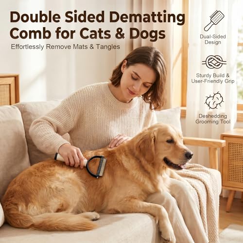 2-In-1 Double Sided Dematting Comb for Cats & Dogs, Multi-Functional Pet Detangling Comb, Double Sided Lint Remover Comb with Lint Roller, Suitable for Both Long and Short Haired Pets (Black) - color: Black