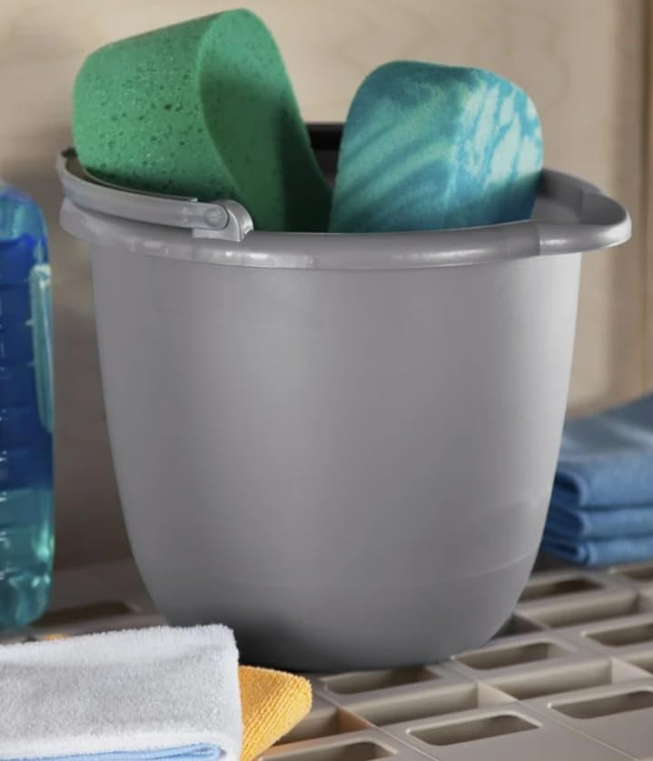 Heavy-Duty Round Bucket, 10-Quart/2.5 Gallon, Gray, Corrosive-Resistant Pail with Handle for Professional/Janitorial Cleaning and Material Transport