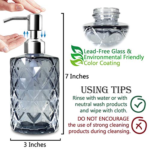 JASAI Diamond Design Glass Soap Dispenser with 304 Rust Proof Stainless Steel Soap Pump, 12 Ounce Kitchen Soap Dispenser for Bathroom, Hand Soap, Dish Soap (Grey) - color: Gray