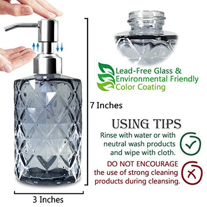 JASAI Diamond Design Glass Soap Dispenser with 304 Rust Proof Stainless Steel Soap Pump, 12 Ounce Kitchen Soap Dispenser for Bathroom, Hand Soap, Dish Soap (Grey) - color: Gray