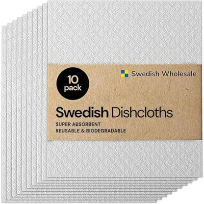 Swedish Wholesale Dishcloths Reusable 8" x 7" Sponge Cloths, Bulk 10 Pack of High Absorbent Cellulose Dish & Kitchen Cleaning Hand Towels, Wring to Dry & Machine Wash, Odor Resistant, White - color: White