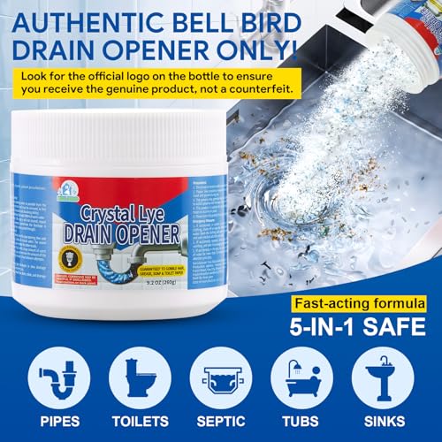 BELL BIRD Drain Opener, 9.2oz Crystal Lye Sodium Hydroxide, Clog Remover for Sinks, Drains, Showers & Bathtubs, Heavy Duty Pipe Cleaner (1 PCS) - size: 1 PSC