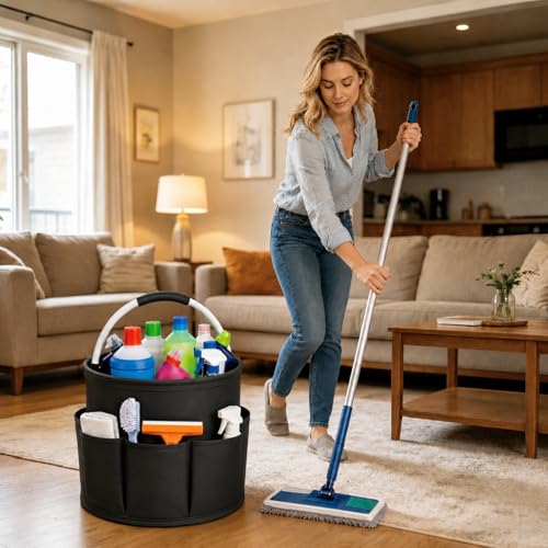 UFORU Cleaning Caddy with Handle, 17L Foldable Cleaning Supply Organizer with 6 Pockets, Portable Cleaning Products Basket, Oxford Fabric Storage Caddy for Home, Garden, Camping, Black