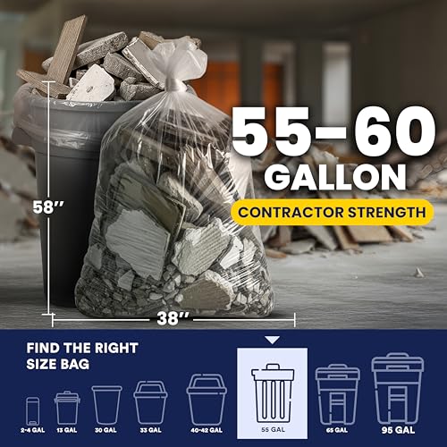 Plasticplace Contractor Trash Bags 55-60 Gallon, Heavy Duty Garbage Bags, 3.0 Mil Clear Trash Bags, Tear-Resistant Large Trash Can Liners for Construction, Recycling & Home Improvement (50 Count) - size: 50 Count (Pack of 1)