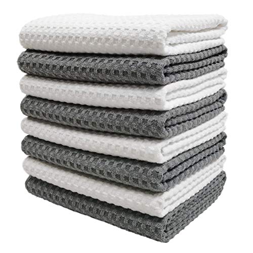 POLYTE Ultra Premium Microfiber Kitchen Dish Hand Towel Waffle Weave, 8 Pack (16x28 in, Gray, White) - color: Gray, White, size: 16x28 in