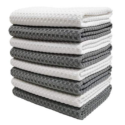 POLYTE Ultra Premium Microfiber Kitchen Dish Hand Towel Waffle Weave, 8 Pack (16x28 in, Gray, White) - color: Gray, White, size: 16x28 in