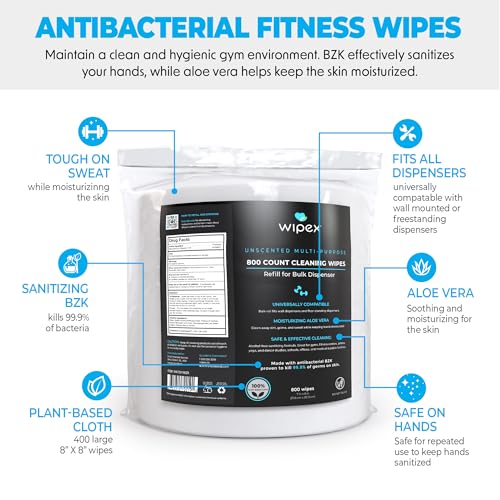 Wipex Bulk Fitness Wipes Bundle - Get (2) 800ct Gym Sanitizing Wipes with Plant Based Cloth and BZK Antiseptic & (1) White Wall-Mounted Dispenser, Great for Schools, Fitness & Wellness Centers & Gyms - size: 800 Count (Pack of 2 + Wall Dispenser)