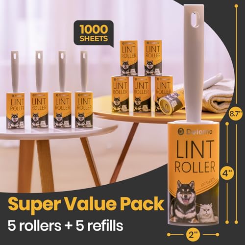DELOMO Lint Roller 1,000 Sheets (5 Rollers + 5 Refills) - Lint Rollers for Pet Hair Extra Sticky, Mega Value Pet Hair Removal Tool for Clothes/Couch/Furniture/Car - Ideal Home Gift for Pet Owners - size: A: 5 Rollers + 5 Refills ( 1000 Sheets Total )