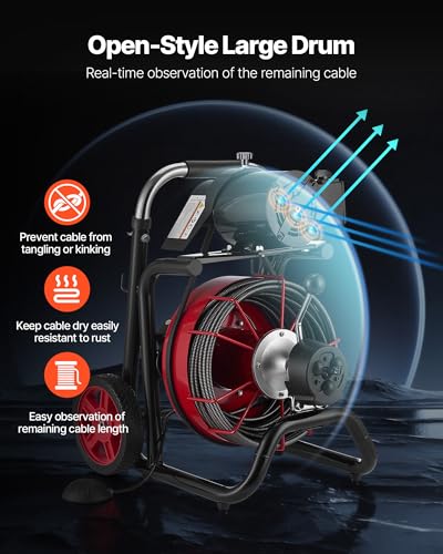 VEVOR Drain Cleaner Machine 100 FT x 1/2 Inch, Auto Feed Sewer Snake Auger on Wheels - with 8 Cutters & Air-Activated Foot Switch for 2" to 6" Pipes - style: 100 FT x 1/2''