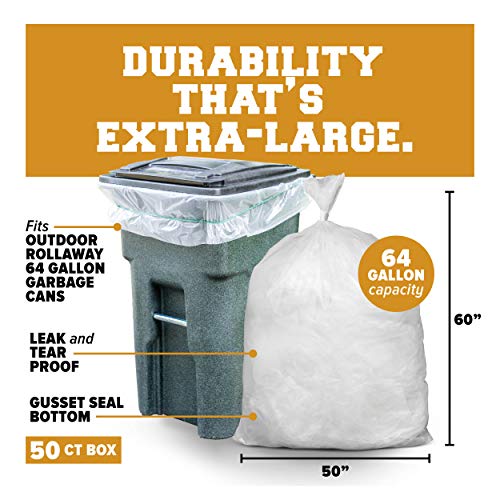 Plasticplace 64-65 Gallon Trash Can Liners for Toter │ 1.5 Mil │ Clear Heavy Duty Garbage Bags │ 50” X 60” (50Count) (W65LDCTL) - color: Clear