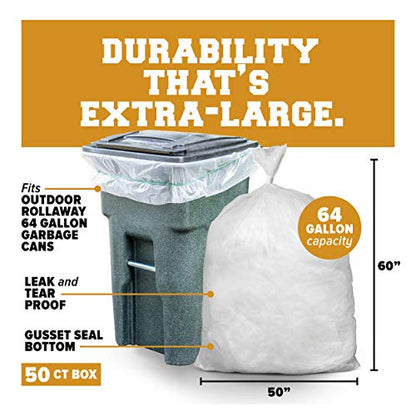 Plasticplace 64-65 Gallon Trash Can Liners for Toter │ 1.5 Mil │ Clear Heavy Duty Garbage Bags │ 50” X 60” (50Count) (W65LDCTL) - color: Clear