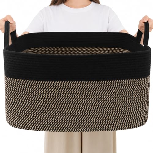 Large Blanket Basket,Woven Rope Basket Storage Bin with Handles,65L Rectangle Laundry Basket for Magazines,Toys,Clothes,Newspaper Shelf Organization,Nursery and Living Room,Black&Jute - color: Black & Jute, size: 21"x16"x12"(65L)
