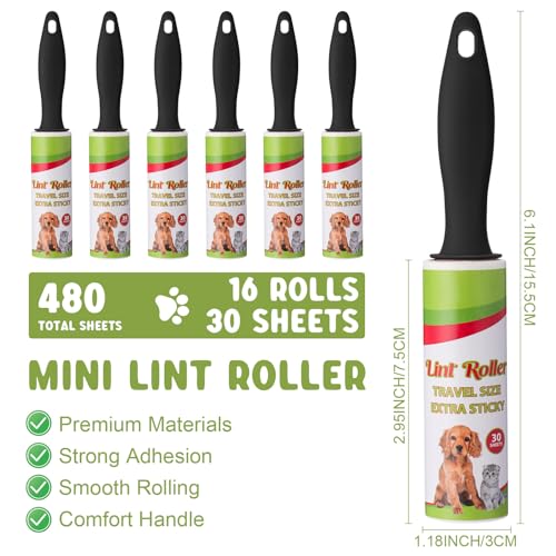 Hushee 16 Pcs Mini Lint Roller for Travel Small Lint Removers Bulk for Pet Hair and Clothes Small Size Removers Portable Sticky Removing Tool for Cleaning Furniture Dog Car Seat