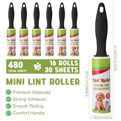 Hushee 16 Pcs Mini Lint Roller for Travel Small Lint Removers Bulk for Pet Hair and Clothes Small Size Removers Portable Sticky Removing Tool for Cleaning Furniture Dog Car Seat
