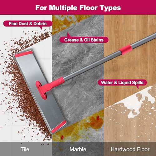 JOYMOOP 18 Inch Dust Mop for Hardwood Floors, Heavy Duty Industrial Wet Dry Mops with Telescopic Handle, Includes 3 Microfiber Mop Pads - Red-Grey