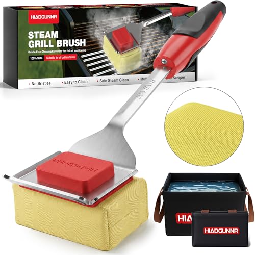 Grill Brush Bristle Free with Collapsible Bucket, BBQ Grill Cleaning Brush for Outdoor with Replaceable Head and Scraper, Safe Non-Metallic Bristles for Cast Iron or Stainless-Steel Grill Tools