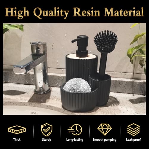 Multifunctional Soap Dispenser, Sponge Holder & Brush Holder – Scrub Daddy Soap Dispenser, 3 in 1 Liquid Hand Dish Soap Dispenser Sink Caddy Organizer for Kitchen Bathroom Countertop black