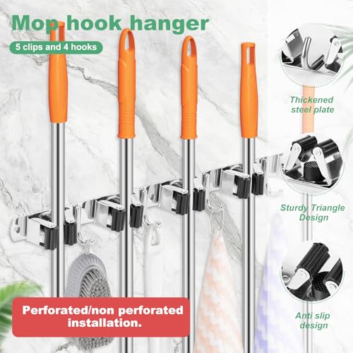 2 Pack Broom Holder Wall Mount 5 Racks 4 Hooks Stainless Steel Broom Mop Holder Anti Slip Storage Rack Strong Load Bearing Waterproof Broom and Mop Organizer Wall Hanging for Bathroom Kitchen Garage