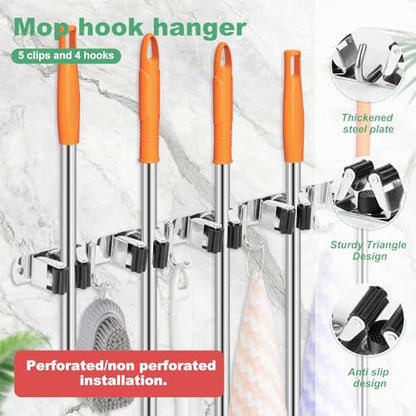 2 Pack Broom Holder Wall Mount 5 Racks 4 Hooks Stainless Steel Broom Mop Holder Anti Slip Storage Rack Strong Load Bearing Waterproof Broom and Mop Organizer Wall Hanging for Bathroom Kitchen Garage